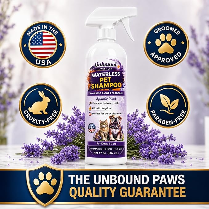 Waterless Pet Shampoo for Dogs & Cats - Lavender Scent No-Rinse Foam - Easy Grooming & Deodorizing - 17 oz