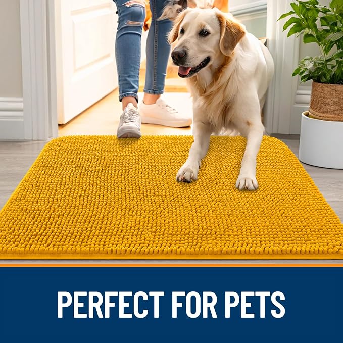 OLANLY Dog Door Mat for Muddy Paws 70x35, Absorbs Moisture and Dirt, Absorbent Non-Slip Washable Doormat, Quick Dry Chenille Mud Mat, Entry Indoor Entryway Carpet for Inside Floor, Golden Yellow