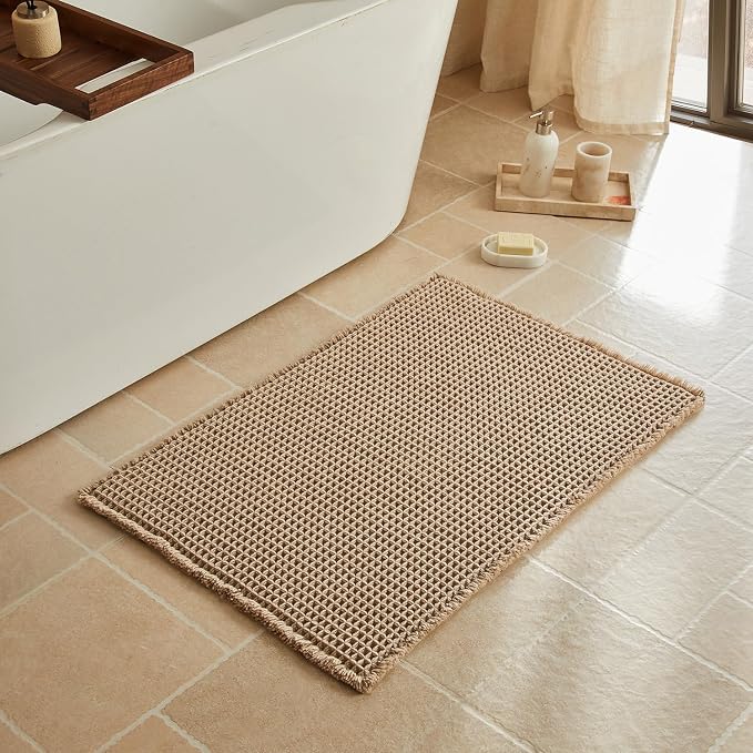 Triohero Waffle Bath Mat, Boho Bathroom Rugs Non Slip Washable, Ultra Soft Super Absorbent Quick Dry Farmhouse Bathroom Decor, 24" x 36", Beige