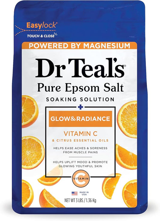 Dr Teal's Pure Epsom Magnesium Salt Soak, Glow & Radiance with Vitamin C & Citrus Essential Oils, 3 lbs