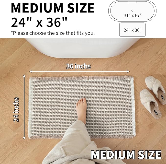 Waffle Bath Mat - Super Water Absorbing Bath Mat Quick Dry, Bathroom Rugs Non Slip Washable, Rubber Backed Bathroom Mat for Bathroom Floor, Tub and Shower, 24" x 36", Brown & White