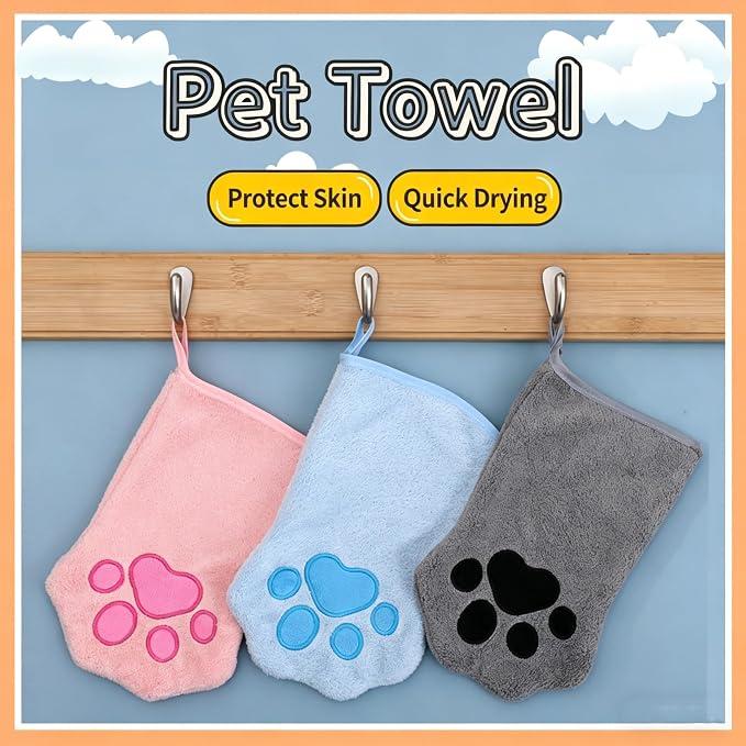 Pet Drying Towel Glove for Dogs and Cats, Super Absorbent Microfiber Pet Bath Towel Mitt, Quick Dry Dog Grooming Towel for Wet Fur, Soft Paw Design Cleaning Cloth for Small Medium Pets (Blue)