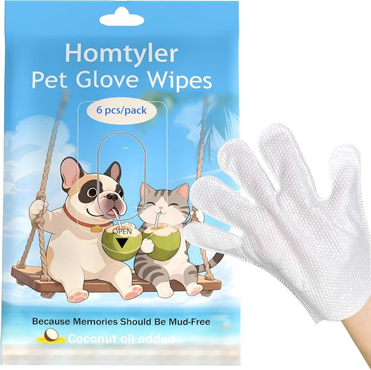 Homtyler Dog Wipes & Cleaning Gloves 2-in-1 for Dogs and Cats, Extra-Thick Pet Wipes with Coconut Oil for Lick-Safe Paws, Eyes, Ears & Body, Rinse-Free Waterless Bath for Deodorizing&Cleansing, 6 PCS