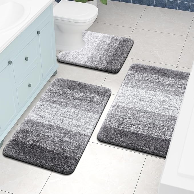 Arotive Microfiber Bathroom Rugs, Shaggy Soft and Absorbent Contour Toilet Rugs, Thick Plush Machine Washable Dry Bath Mats for Toilet Base, 24x20, Grey, U-Shape