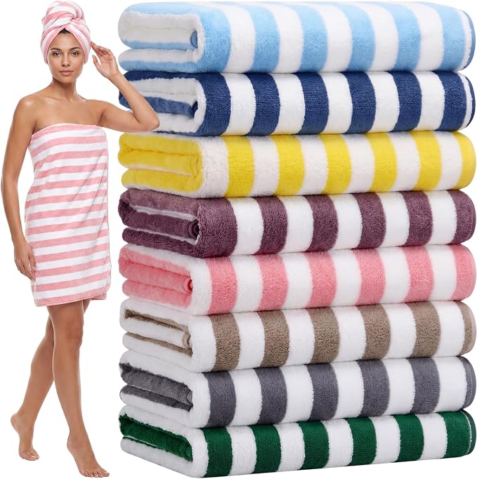 SmoothNovelty 8 Pack Microfiber Bath Towels Bulk 27'' x 60'' Oversized Bath Towel Highly Absorbent Extra Large Shower Sheets Soft Drying for Beach Pool Bathroom Salon Party(Wide Stripe,Bright)