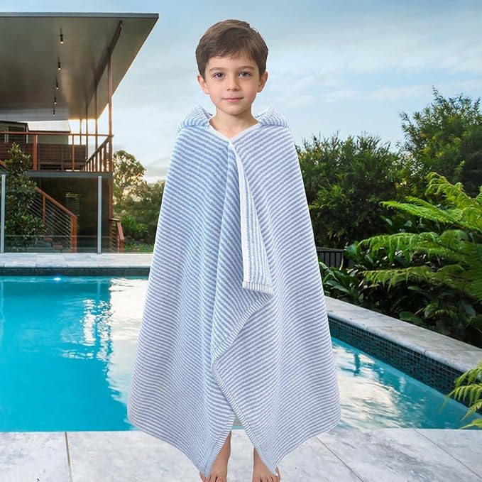 VOOVA & MOVAS Hooded Bath Towels for Kids | Soft Absorbent 100% Cotton Thick Towel Wrap | Versatile Beach, Pool, Swim & Bath Cover-Up | Blue White Thin Horizontal Stripe