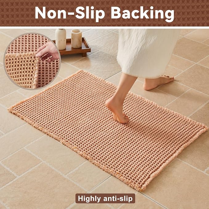 Triohero Waffle Bath Mat, Boho Bathroom Rugs Non Slip Washable, Ultra Soft Super Absorbent Quick Dry Farmhouse Bathroom Decor, 24" x 48", Light Peachy