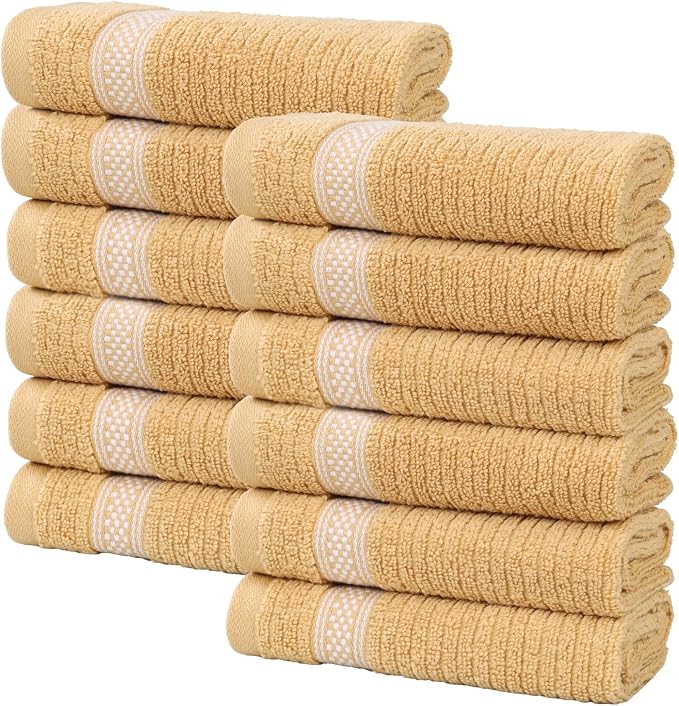 Superior Cotton Face Towel/Washcloth Set, Zero Twist, Ribbed Geometric, Small Facial Towels, Spa, Hotel, Guest, Home, Bathroom Basics, Plush Soft Absorbent, Luxury Quick Drying, Set of 12, Gold