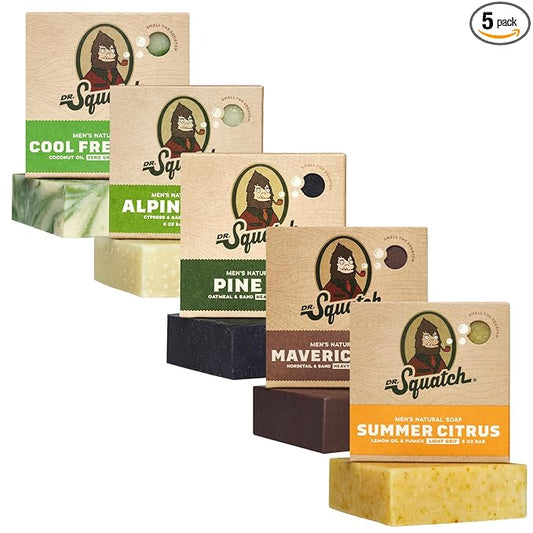 Dr. Squatch Natural Men’s Bar Soap - Cold Process Body Soap Bar with Natural Oils - Gifts for Men - Cool Fresh Aloe, Summer Citrus, Pine Tar, Maverick Musk & Alpine Sage (5 oz, 5-Pack)