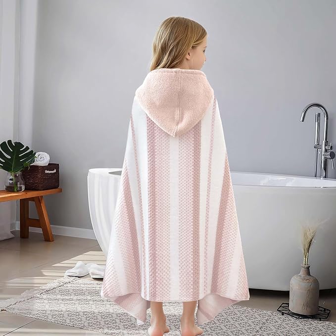 VOOVA & MOVAS Kids Hooded Towel Wrap(Ages 6-10) – 100% Cotton, Soft & Absorbent, Fast-Drying, Versatile Beach, Pool, Swim & Bath Cover-Up, Blush Stripe