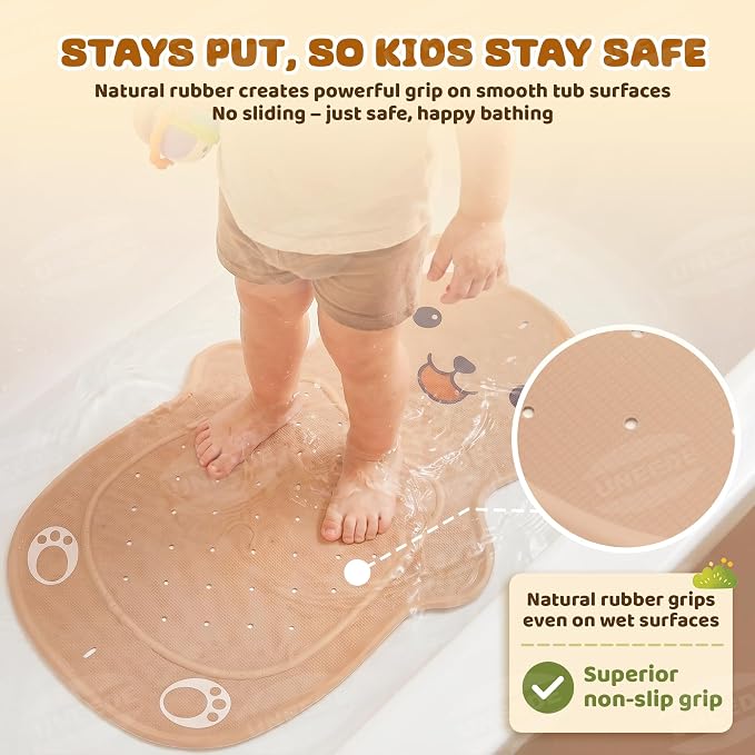 UNEEDE Non Slip Bathtub Mat for Kids, Cute Brown Bear Baby Bath Mat for Tub | Natural Rubber Toddler Bath Mat with 126 Suction Cups and 43 Drainage Holes, Soft Machine Washable Bathroom Essentials