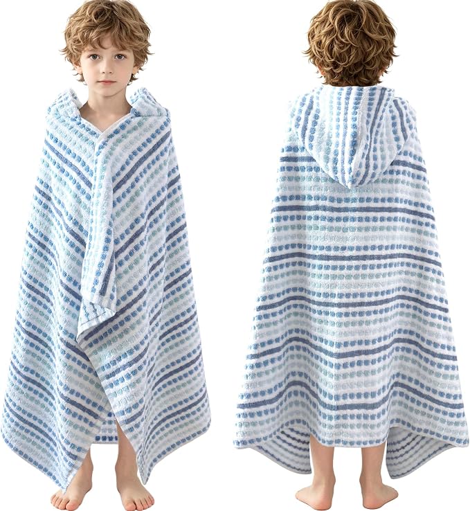 VOOVA & MOVAS Hooded Bath Towels for Kids | Soft Absorbent 100% Cotton Thick Towel Wrap | Versatile Beach, Pool, Swim & Bath Cover-Up | Blue White Plaid