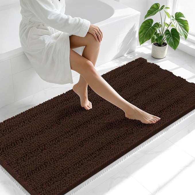 Smiry Thick Chenille Bathroom Runner Rugs 59x24, Absorbent Striped Bath Mat, Machine Washable, Rubber Backing, Extra Long Bath Rugs for Tub & Shower, Modern Home Decor Accessories, Brown