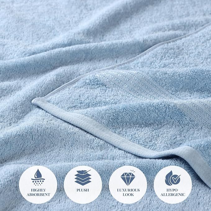 Superior Egyptian Cotton Bath Towel Set, Home Bathroom Towels, Master, Guest Bath, Decor Essentials, Quick Dry, Absorbent, Large Body Towels, Spa, Hotel, Resort, Adult, Kids, Set of 2, Light Blue
