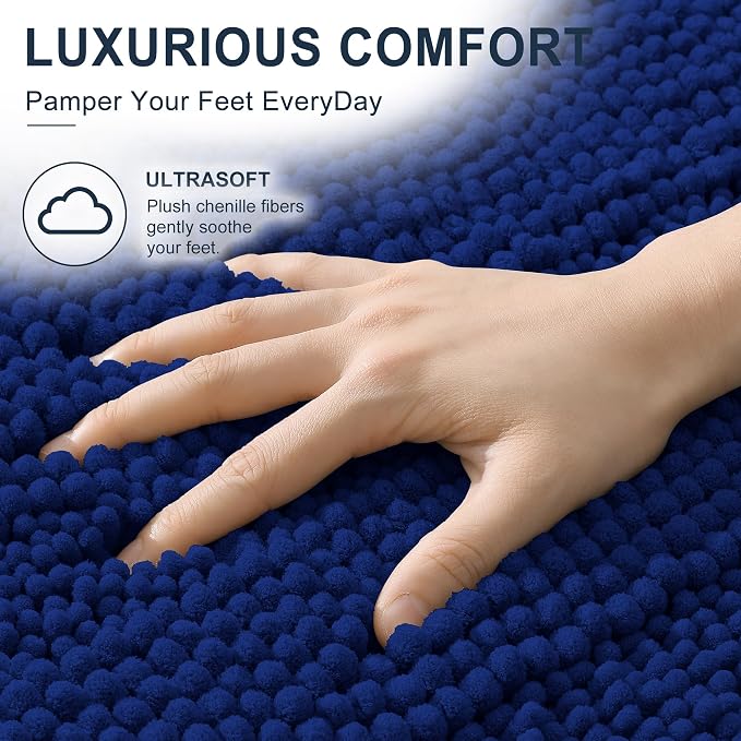 Smiry Thick Chenille Large Bathroom Rugs 40x24, Extra Soft Absorbent Striped Bath Mat, Machine Washable, Rubber Backing, Bath Rugs for Bathroom, Tub & Shower, Home Decor Accessories, Navy