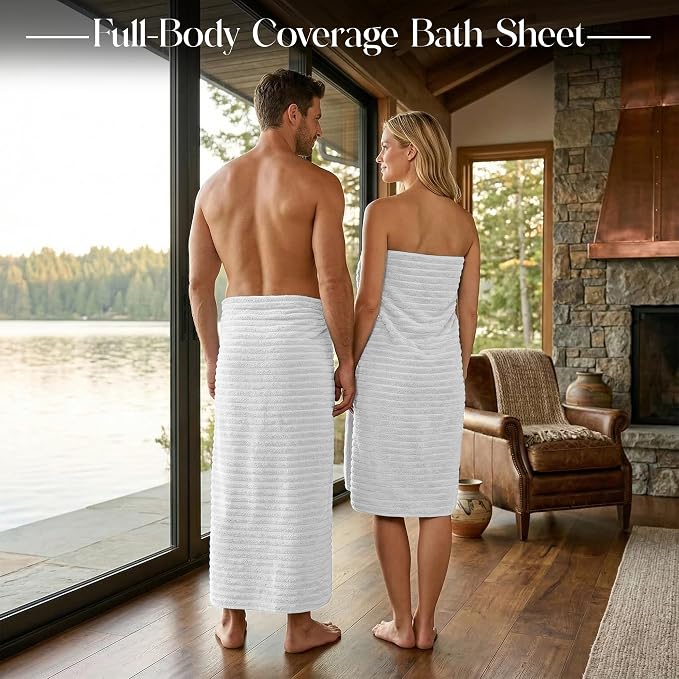 RIVERSIDE Pack of 2 Extra Large Bath Sheet Towels, 35 x 70 Inches, 600 GSM, Ribbed Stripe, 100% Cotton - Super Soft, Highly Absorbent & Quick Dry for Bathroom, Spa & Hotel, White