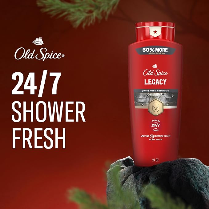 Old Spice Body Wash for Men, 24/7 Shower Fresh & Clean with Daily Use, Lasting Signature Scent, Refreshing Lather, Moisturizing Formula, Legacy with Coconut, Pine & Cedar Scent, 24 oz