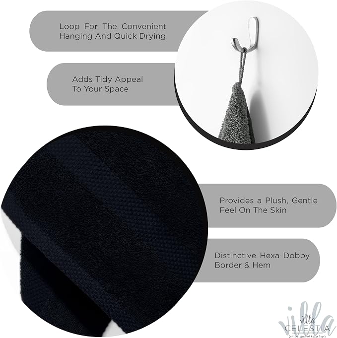 Cotton Washcloths Set of 6, 12x12 Inch, 100% Ring-Spun Combed Cotton, Soft Absorbent Quick-Dry Wash Cloths for Face and Body, Oeko-TEX Certified, Hotel & Spa Quality, Black