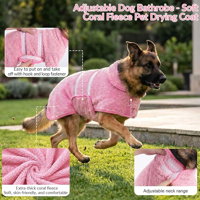 Bienbee Dog Bathrobe, Quick Drying Super Absorbent Pet Robes for Small Medium Large Dogs, Drying Coat for After Bath & Swim, Warm & Cozy Dogs Towels, Dog Puppy Bath Supplies, Pink XXL