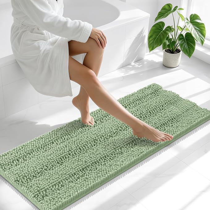 Smiry Thick Chenille Bathroom Runner Rugs 47x17, Extra Absorbent Striped Bath Mat, Machine Washable, Rubber Backing, Long Bath Rugs for Tub & Shower, Modern Home Decor Accessories, Sage Green