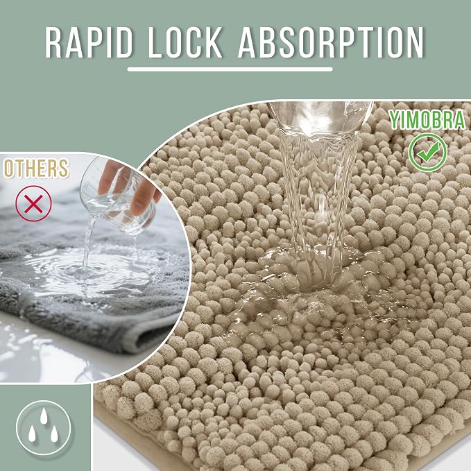 Yimobra Bathroom Rug Mat 47 x 24, Non Slip and Super Absorbent Bath Mat,Machine Washable Quick Dry,Ultra Plush Chenille Shower Rugs for Bathroom Floor Sink Tub and Shower Outside,Camel