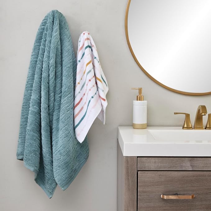 SKL Home CloudSoft/Modesto Stripe 100% Cotton Luxury 6-Piece Towel Set - 600 GSM, Ultra Plush & Absorbent, Reversible - 2 Bath Towels, 2 Hand Towels, 2 Washcloths, Teal/Multi