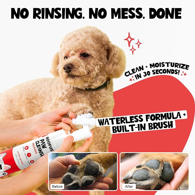 Dog Paw Cleaner for Dogs & Cats, No Rinse Foaming Paw Wash with Silicone Brush, Gentle Unscented Foam Cleanser for Muddy, Dirty Paws, Cleans Between Toes, No Water Needed (5 fl oz)