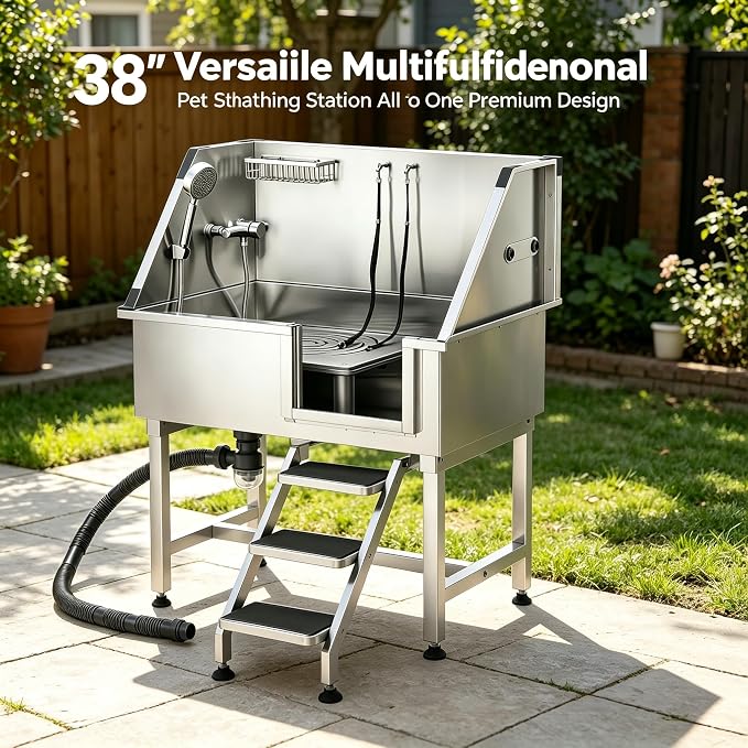 38”Professional Dog Washing Station 304 Stainless Steel Pet Wash Sink & Grooming Bath Tub,with Hot & Cold Faucet,Non-Slip Steps,Shower Head,Fits Medium,Small Dogs and Cats(Right Door)