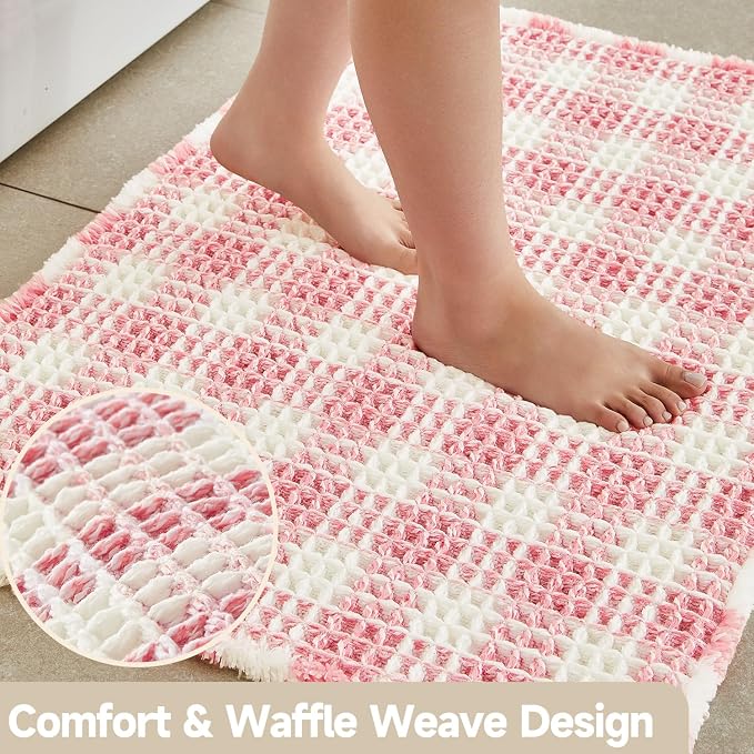 TYUU Waffle Bath Mat, Boho Bathroom Rugs Non Slip Washable Absorbent Checkered Bathroom Mat Quick Dry Cute Bath Mat, 48"x24" Pink and White