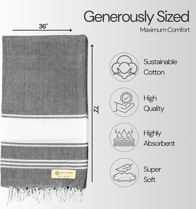 Salt Earth Cotton Turkish Beach Towel (Set of 4, 36"x72") - Soft, Quick Dry, Sand Resistant, Absorbent Towels for Bathroom, Home, Travel, Pool, Spa, Bath, Swim - Beach Towels Oversized (Alloy)