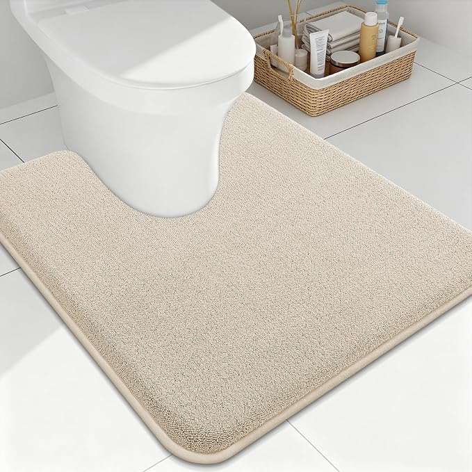 Smiry Memory Foam Toilet Rugs U Shaped 24x24, Extra Soft Bathroom Rug, Ultra Absorbent, Quick Dry, Machine Washable Contoured Bath Mat for Toilet, Beige