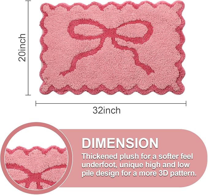 ORTIGIA Cute Pink Bow Scalloped Bath Mat, Fun Plush Microfiber Scallop Bathroom Rugs Non Slip Washable Quick Dry Absorbent, Bath Rug Carpet for Shower Stall Vanities Kitchen Floor Entrance, 20x32