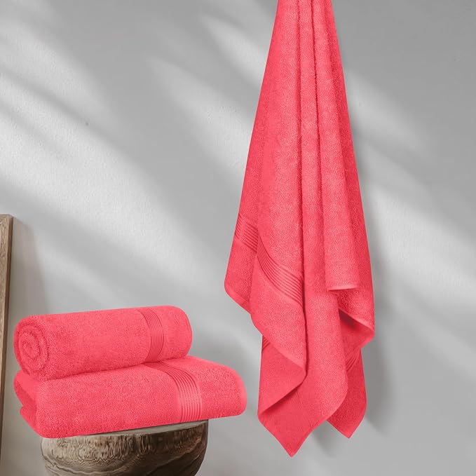 Belizzi Home Cotton 2 Pack Oversized Bath Towel Set 28x55 inches, Large Bath Towels, Ultra Absorbant Compact Quickdry & Lightweight Towel, Ideal for Gym Travel Camp Pool - Coral Orange