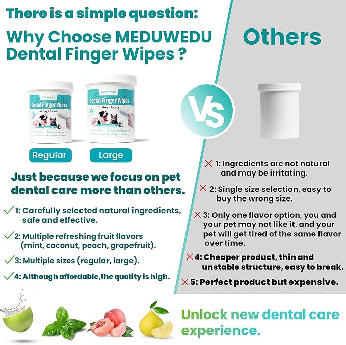 MEDUWEDU Dental Care Finger Wipes 60 Counts,Teeth Cleaning Finger Wipes for Dogs & Cats,Reduces Plaque & Supports Oral Freshness, Coconut Scent