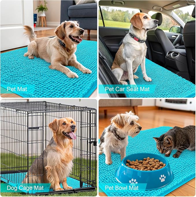 OLANLY Dog Door Mat for Muddy Paws 40x24, Absorbs Moisture and Dirt, Absorbent Non-Slip Washable Doormat, Quick Dry Chenille Mud Mat for Dogs, Entry Indoor Entryway Carpet for Inside Floor, Aqua Blue
