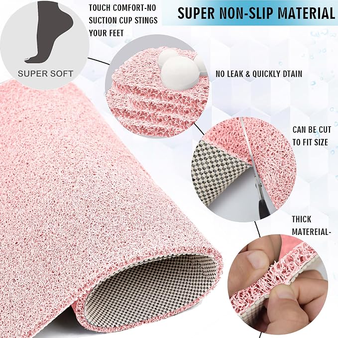 godehone Shower Mats Non Slip Without Suction Cups, PVC Loofah Bathroom Mats, Loofah Mats for Shower and Bathroom, Quick Drying, 23.6× 47.2 Inch, Pink