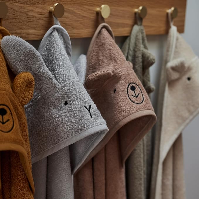 Hooded Baby Towels – 100% Organic Cotton Baby Bath Towels – Baby Boy and Baby Girl Newborn Essentials - Super-Soft and Absorbent. (2-Pack Rabbit Pearl Grey and Bear Yellow)