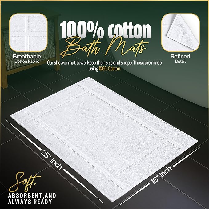Pearl Linens Pack of 6 100% Cotton Bath Mat Towels,18x25 inches, Soft & Absorbent Floor Towels for Bathroom, Not Bathroom Rugs, After Shower Mat, 781 GSM, Machine Washable, Airbnb Essentials, White