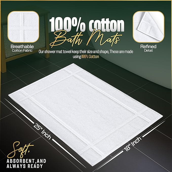 Pearl Linens Pack of 12 100% Cotton Bath Mat 18x25 inches, Soft & Absorbent Quick Dry Bathroom Mat Set, Not Bathroom Rugs, After Shower Mat, Bath Tub Mat, 781 GSM, Machine Washable, White