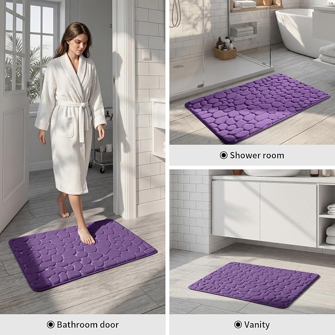 YIHOUSE Memory Foam Runner Rug, Cobblestone Bathroom Runner Rugs Super Water Absorbent Bath Mats for Bathroom Machine Washable Bath Rugs for Hallway Bedroom Laundry Room(20 x 47,Eggplant)