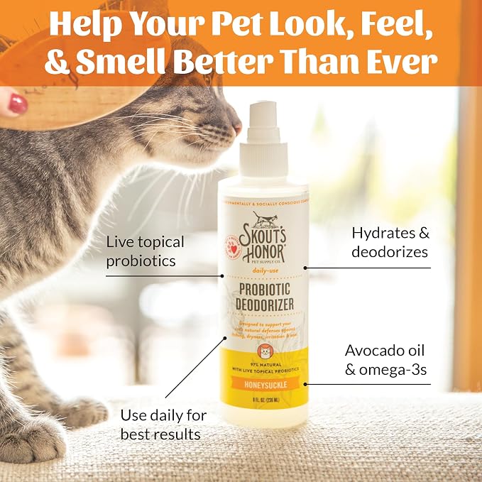 SKOUT'S HONOR Cat Deodorizer Spray- Hydrating Daily-Use with Avocado Oil & Omega-3s, Paraben & Sulfate-Free, 97% Natural, 8oz, Honeysuckle, 2-Pack