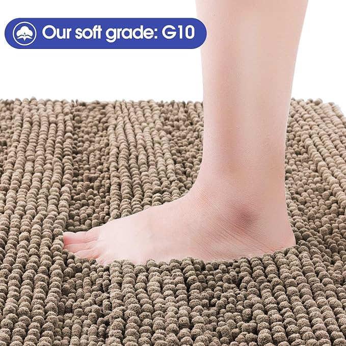 ACCUMTEK Striped Dark Beige Bathroom Rug Mat 48"x17" Ultra Soft, Non Slip Chenille Bath Rugs, Absorbent Plush Shaggy Bath Mats for Bathroom, Bedroom, Kitchen, Shower, Tub,Taupe