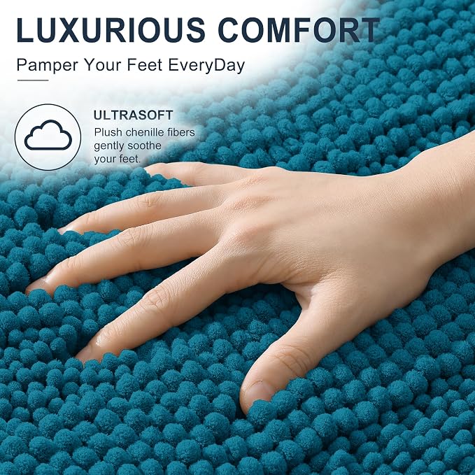 Smiry Thick Chenille Bathroom Runner Rugs 47x17, Extra Absorbent Striped Bath Mat, Machine Washable, Rubber Backing, Long Bath Rugs for Tub & Shower, Modern Home Decor Accessories, Peacock Blue
