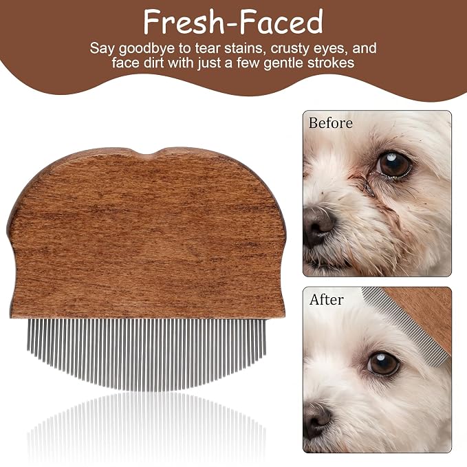 Professional Eye Comb for Pets, Wooden Tear Stain Remover Comb for Pets Gentle Stainless Steel Rounded Tips Grooming Tool for Tear Stains & Eye Discharge for Daily Pet Grooming