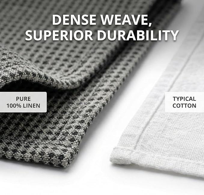 100% European Linen Hand Towels for Kitchen & Bath - Set of 2 - Waffle Weave, Highly Absorbent & Quick-Dry - 14 x 28 in - Stone Washed Flax