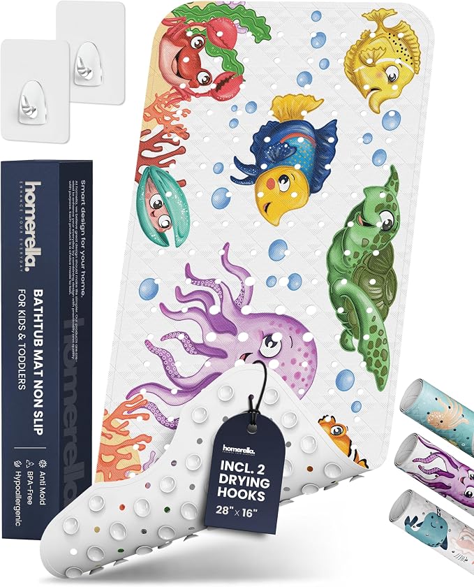 Bath Tub Mat Non Slip Anti Mold for Kids BPA Free INCL Hooks - homerella® Ocean Sea Animals 28x16, Baby Bath Mat Non Slip 200 Suction Cups, Non Toxic Machine Washable Toddler Bath Mat, EU Certified