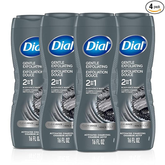 Dial Men 2 in 1 Body and Face Wash, Activated Charcoal, 16 Fl Oz, Pack of 4, Gentle Exfoliating Body Wash with Clean Rinse Technology