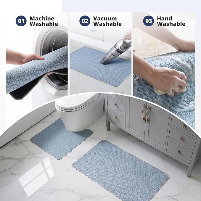 Bathroom Rugs Sets 2 Piece, Thin Bath Mat & U-Shaped Contour Toilet Rug Absorbent Quick Dry, Machine Washable, Non Slip Low Pile Bath Mats for Bathroom/Tub/Sink/Shower (27"x17" Plus 24"x20" U, Blue)