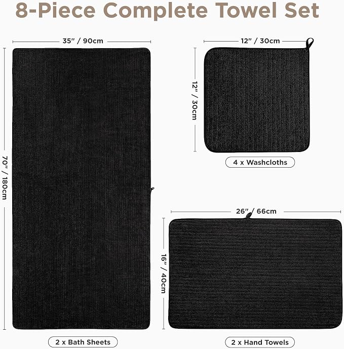 Oversized Bath Towels 8 Piece Towel Set, 2 Extra Large Bath Sheets, 2 Hand, 4 Washcloths, Luxury Soft Super Absorbent Thick Shower Towels for Bathroom, Spa & Hotel, Quick Dry, Black