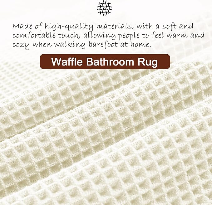 DWCN Waffle Bathroom Mat Set, Super Absorbent Non Slip Bath Rug Set for Bathroom Floor, Shower Mats 2 Piece for Tub, Washable Kitchen Rugs for Farmhouse Boho Decor, 20 x 32 Inch, Ivory